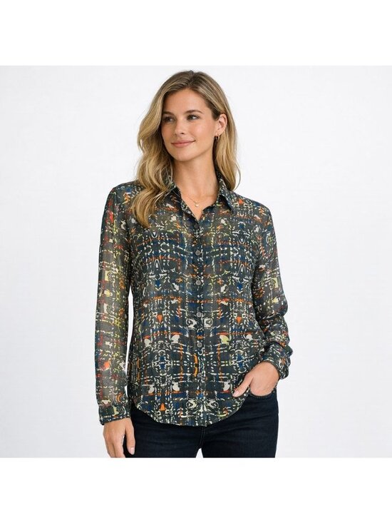 CAbi Tops - Cabi Womens Festival Button Blouse Multicolor Geometric Print Sheer #129 Size S